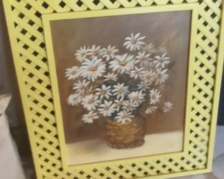 Vintage Daisy Floral Oil Painting with Yellow Lattice Frame