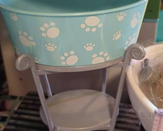 Pet Bowl with Elevated Scrollwork Stand and Paw Print Pattern