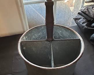Vintage Galvanized Metal Utensil Caddy with Wooden Handle
