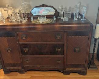 Art Deco Waterfall Walnut Buffet with Mirror and Bakelite Pulls