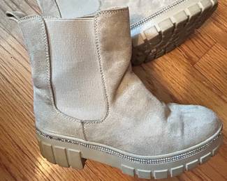 Steve Madden "Howler" Beige Suede-Look Chelsea Boots with Rhinestone Trim