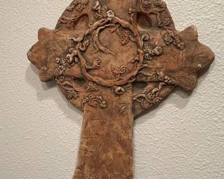 Decorative Terracotta Celtic Cross Wall Plaque with Vine and Leaf Motifs