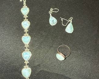 Larimar Heart Link Bracelet, Teardrop Earrings, and Ring Set