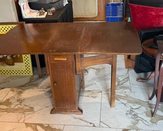 Vintage Oak Drop-Leaf Sewing Cabinet Table
