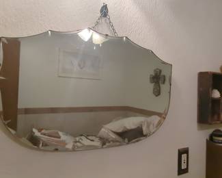 Vintage Art Deco Beveled Scalloped Wall Mirror with Chain