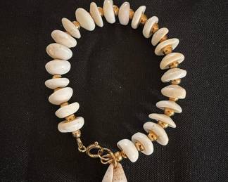 Heishi Shell and Gold Bead Bracelet with Cone Shell Charm