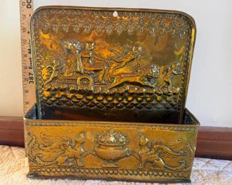 Antique Brass Emboxed Fireplace Match Holder