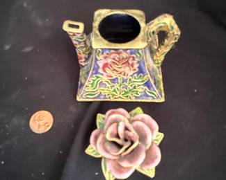 Vintage Enamel Teapot Trinket Box with Rose Finial