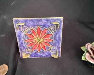 Vintage Enamel Teapot Trinket Box with Rose Finial