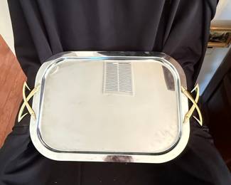 Mid-Century Modern Silver-Tone Serving Tray with Gold-Tone X Handles