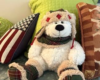 Hugfun International White Teddy Bear with Plaid Hat, Scarf, and Boots