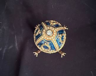 Faberge Style Blue Enamel and Rhinestone Egg Trinket Box with Pendant