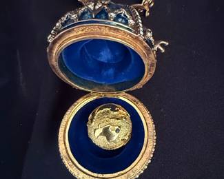 Faberge Style Blue Enamel and Rhinestone Egg Trinket Box with Pendant
