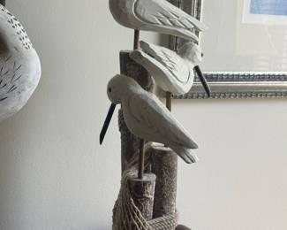 Set of Two Decorative Wood Carvings: Single Shorebird and Three Birds on Piling