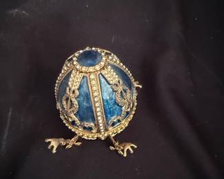 Faberge Style Blue Enamel and Rhinestone Egg Trinket Box with Pendant