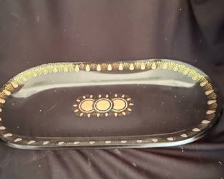 Vintage Glass Serving Tray with Gold Leaf and Medallion Design