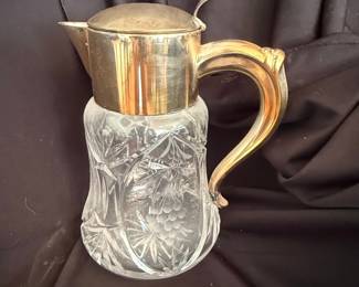 Vintage German Cut Glass Pitcher with Silver-Tone Metal Accents and Ice Tube