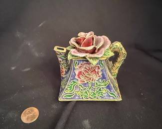 Vintage Enamel Teapot Trinket Box with Rose Finial