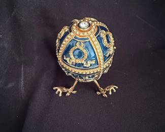 Faberge Style Blue Enamel and Rhinestone Egg Trinket Box with Pendant