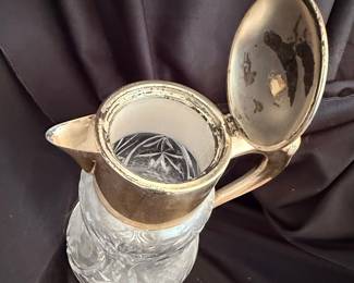 Vintage German Cut Glass Pitcher with Silver-Tone Metal Accents and Ice Tube