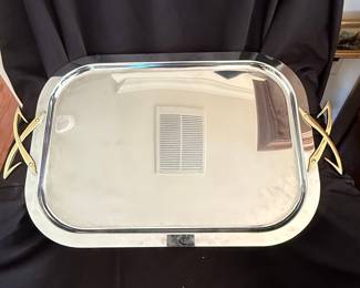 Mid-Century Modern Silver-Tone Serving Tray with Gold-Tone X Handles