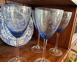 Vintage Blue Etched Wine Glasses