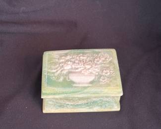 Vintage Green Alabaster Floral Carved Keepsake Box