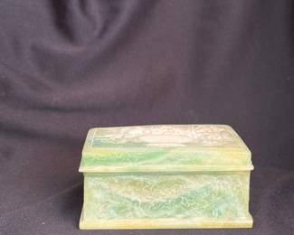 Vintage Green Alabaster Floral Carved Keepsake Box