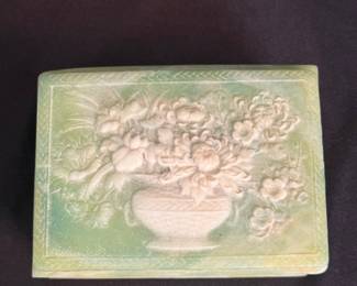 Vintage Green Alabaster Floral Carved Keepsake Box