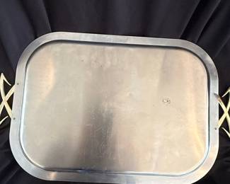 Mid-Century Modern Silver-Tone Serving Tray with Gold-Tone X Handles