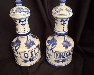 Blue and White Ceramic Oil and Vinegar Cruet Set