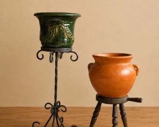 22 VintagePotteryPlantersIronStandWoodStoolSet