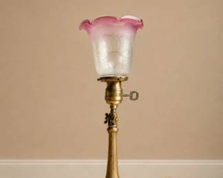 32 AntiqueBrassBoudoirLampPinkEtchedGlassShade