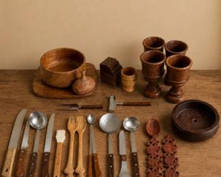 125 VintageWoodStainlessKitchenUtensilCollection