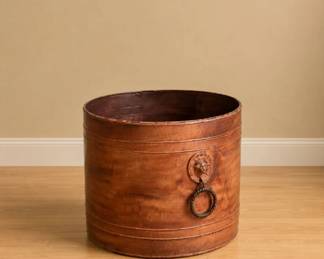 33 VintageFauxWoodMetalWastebasketLionRingHandles