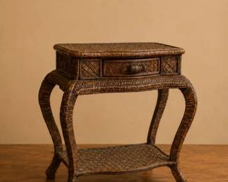 19 VintageShortWovenRattanWickerMingStyleSideTable