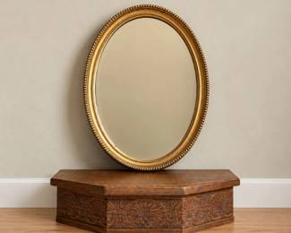83 VintageCarvedWoodWallShelfOvalGoldMirror