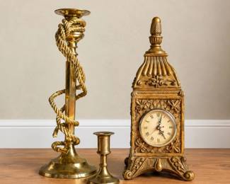 108 VintageOrnateBrassClockCandlestickCollection