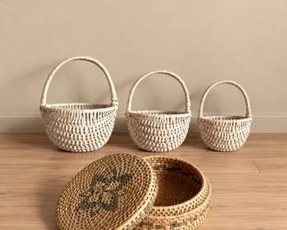 124 VintageGullahSweetgrassBasketsLiddedBasketSet