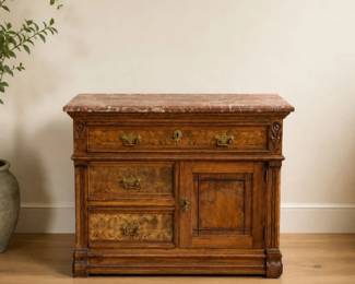 1 AntiqueVictorianWalnutBurlWoodMarbleTopCabinet