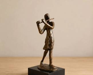 43 MidCenturyModernBronzeFlutistSculptureonBlackBase