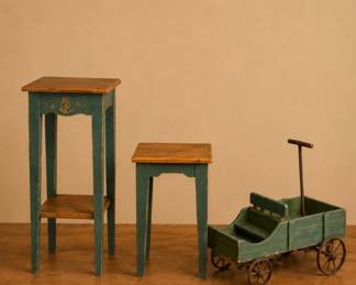17 VintageFolkArtTablesRusticGardenCartTrio