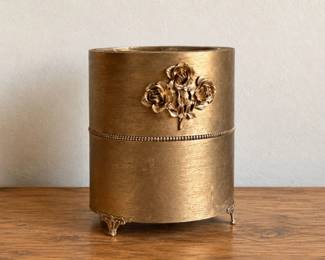 144 VintageBrassToneRoseVanityWastebasketwithPlasticLiner