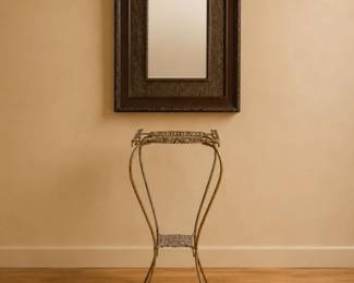 23 VintageOrnateMetalPlantStandCarvedWoodMirror