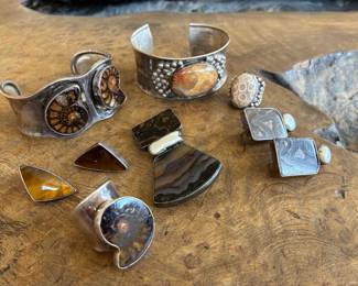 Ammonite fossil, Agathe, tiger eye sterling silver jewelry signed GS