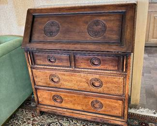 Rosewood Chinese slant front secretary desk with Shou (longevity) motif carving details