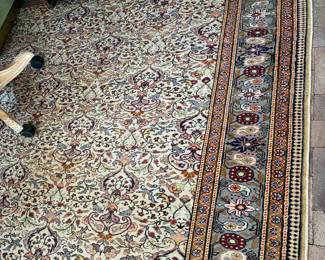 Burgundy pot peach blue tan rug 12‘4“ x 5’1/2”