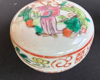 Antique Chinese famille rose lidded box scholar boy
