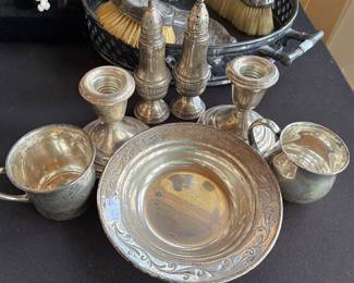 Vintage sterling silver bowl, salt and pepper shaker child’s cups candleholder sticks