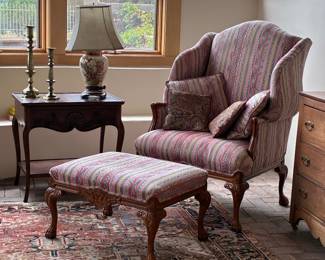 French Provincial wingback clawfooted chair and ottoman